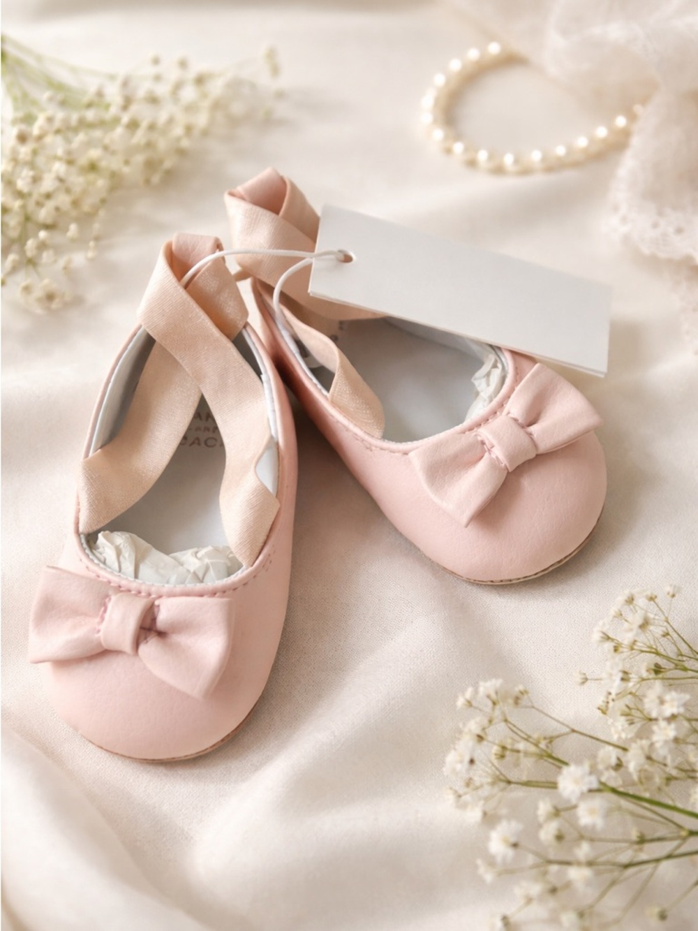 NWT Janie and Jack Pale Pink Bow Ballet Flats with Ribbon Straps